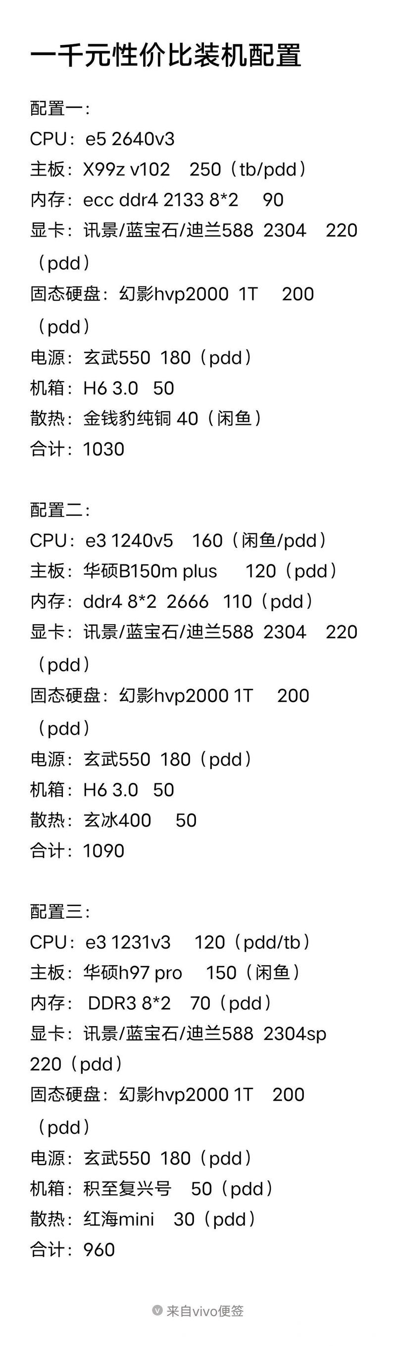 1千多电脑主机配置清单